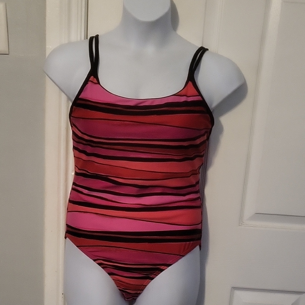Speedo Women's One Piece Swimsuit - Pink and Black Stripes